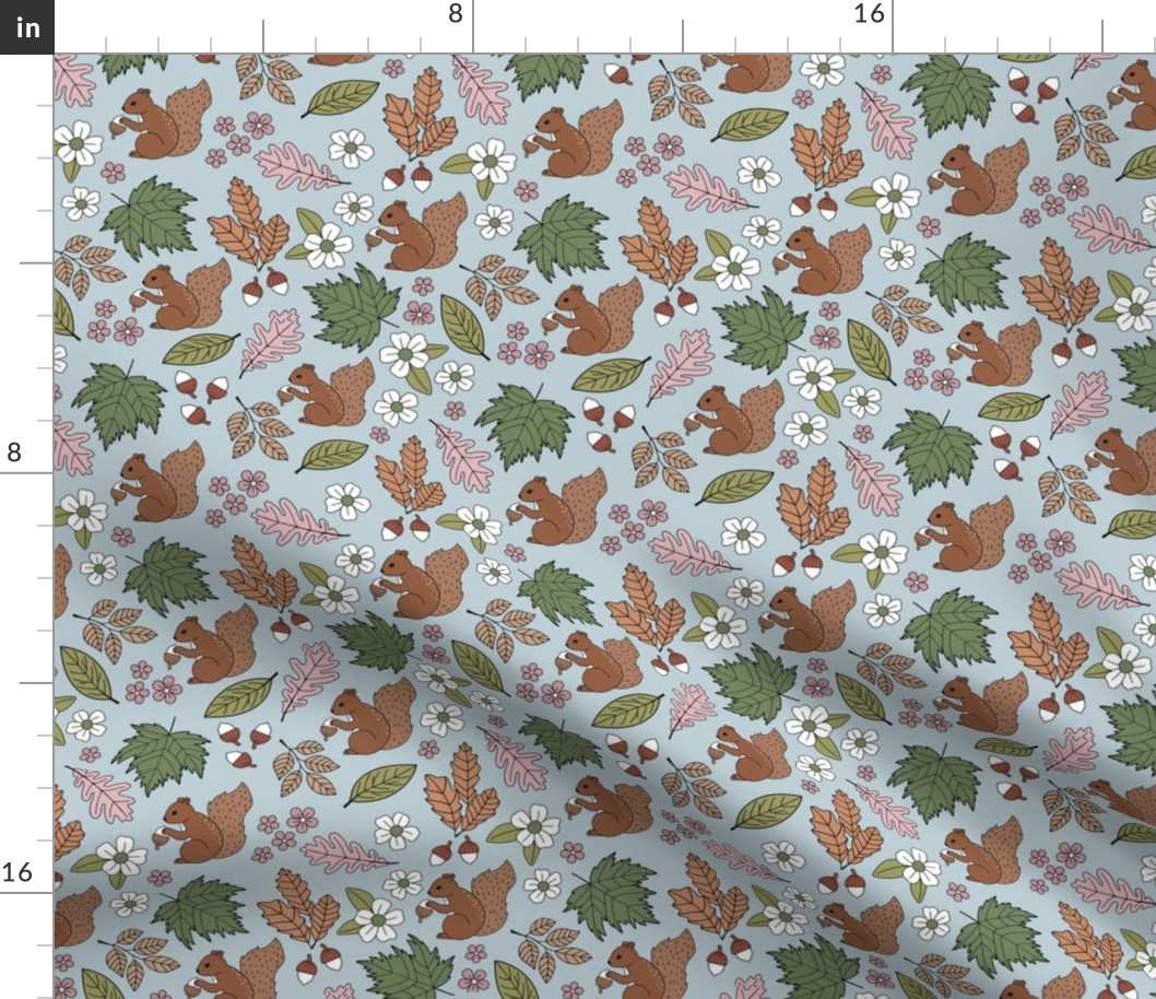 Woodland animals autumn garden red squirrels and leaves acorns and flowers fall kids design green pink blush rust brown on blue