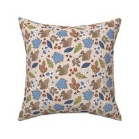 Woodland animals autumn garden red squirrels and leaves acorns and flowers fall kids design orange blue periwinkle on tan beige