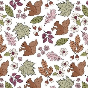 Woodland animals autumn garden red squirrels and leaves acorns and flowers boho fall kids design pink green burgundy on white