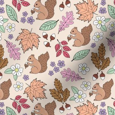 Woodland animals autumn garden red squirrels and leaves acorns and flowers boho fall kids design pink lilac mint on tan blush