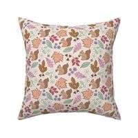 Woodland animals autumn garden red squirrels and leaves acorns and flowers boho fall kids design pink lilac mint on tan blush