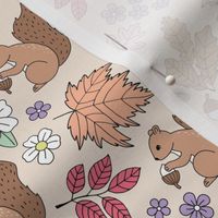 Woodland animals autumn garden red squirrels and leaves acorns and flowers boho fall kids design pink lilac mint on tan blush