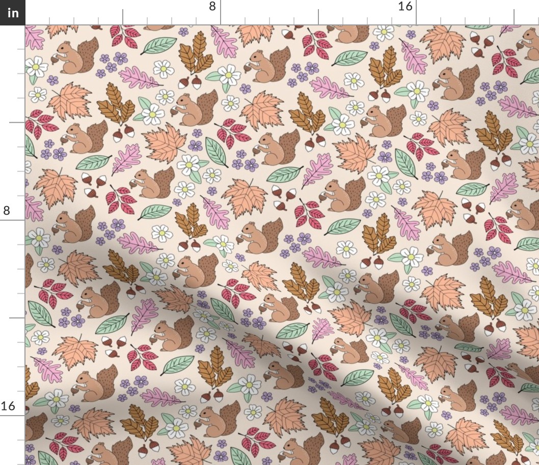 Woodland animals autumn garden red squirrels and leaves acorns and flowers boho fall kids design pink lilac mint on tan blush