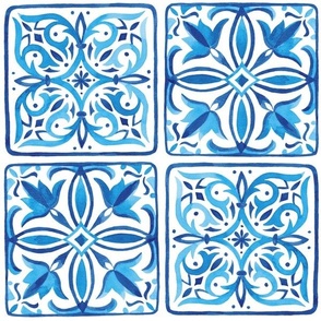 Mediterran Portugese Blue watercolor Lisbon tiles wallpaper,large scale fabric