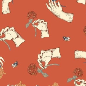 Red Victorian Flowers and womas hands