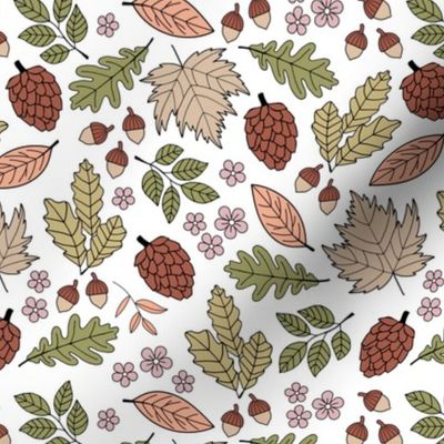 Autumn leaves garden - scandinavian trees willow oak leave acorns flowers and pinecone botanical fall design in neutral green beige brown on white 