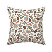 Autumn leaves garden - scandinavian trees willow oak leave acorns flowers and pinecone botanical fall design in neutral green beige brown on white 