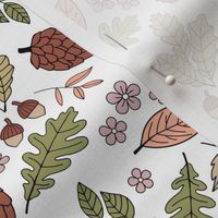 Autumn leaves garden - scandinavian trees willow oak leave acorns flowers and pinecone botanical fall design in neutral green beige brown on white 