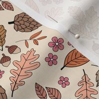 Autumn leaves garden - scandinavian trees willow oak leave acorns flowers and pinecone botanical fall design in seventies vintage orange brown beige on sand 