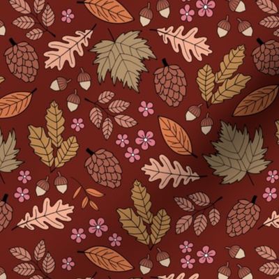 Autumn leaves garden - scandinavian trees willow oak leave acorns flowers and pinecone botanical fall design in seventies vintage orange brown burgundy pink