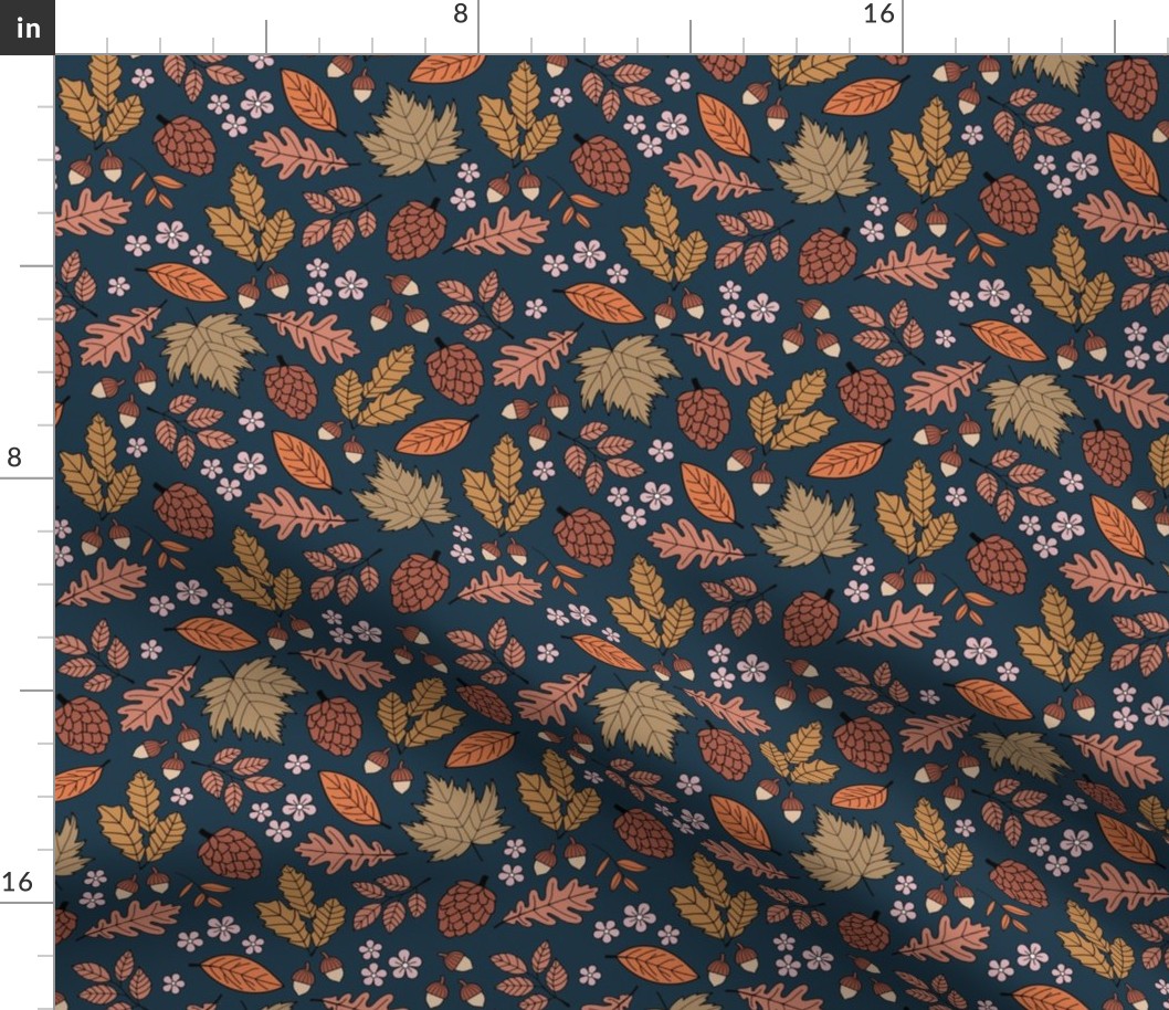 Autumn leaves garden - scandinavian trees willow oak leave acorns flowers and pinecone botanical fall design in seventies vintage orange brown on navy blue 