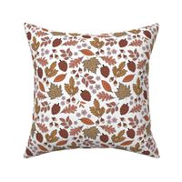 Autumn leaves garden - scandinavian trees willow oak leave acorns flowers and pinecone botanical fall design in seventies vintage orange brown palette on white