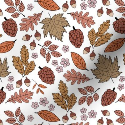 Autumn leaves garden - scandinavian trees willow oak leave acorns flowers and pinecone botanical fall design in seventies vintage orange brown palette on white