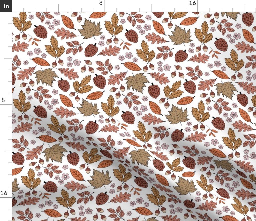 Autumn leaves garden - scandinavian trees willow oak leave acorns flowers and pinecone botanical fall design in seventies vintage orange brown palette on white