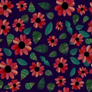 Bright Pink and Red Flowers with Leaves in Shades of Green and Blue on a Deep Purple Background