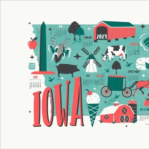 2024 Calendar Iowa Illustrated Map Tea Towel and Wall Hanging