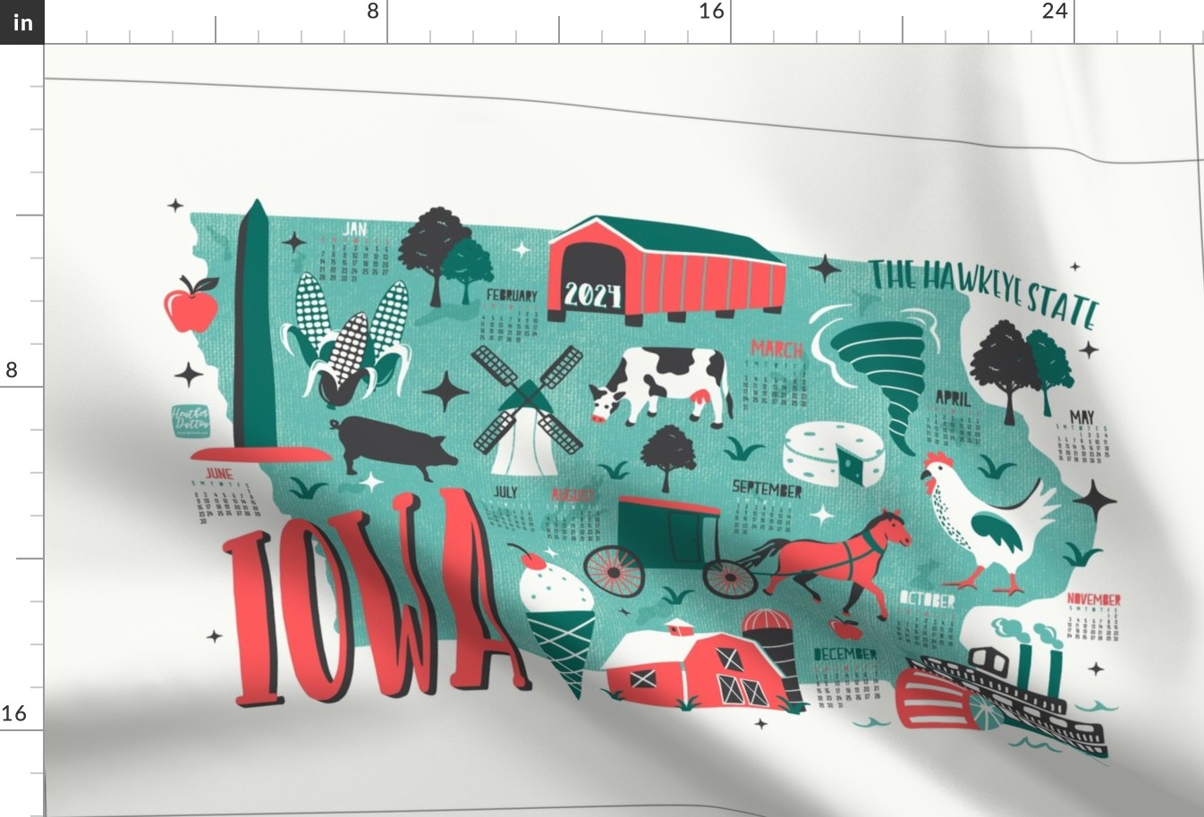 2024 Calendar Iowa Illustrated Map Tea Towel and Wall Hanging