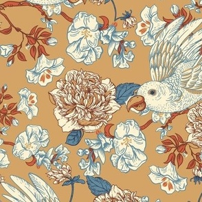 Victorian era white parrot and flowers on beige