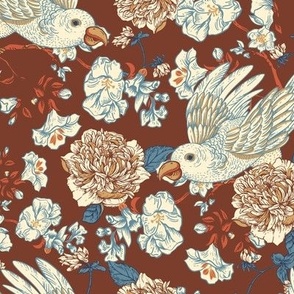 Maroon classic flowers, white parrot, peonies