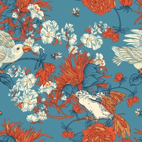 Victorian era flowers and birds on blue