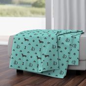 Louis Luxury Monogram Mini Dachsunds on Aqua Fabric with Black