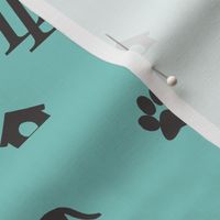 Louis Luxury Monogram Mini Dachsunds on Aqua Fabric with Black