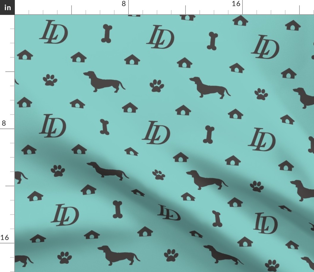 Louis Luxury Monogram Mini Dachsunds on Aqua Fabric with Black