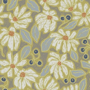 White Coneflowers Wallpaper on Sage Green with Berries-18"Fabric