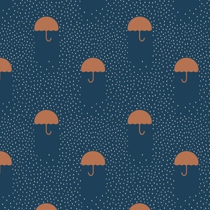 Rust spring rain umbrellas on navy blue with white rain drops.