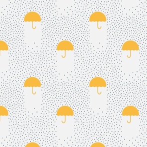 Yellow spring rain umbrellas on cream white with blue rain drops.