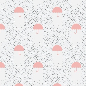 Light pink spring rain umbrellas with light blue rain on cream white.