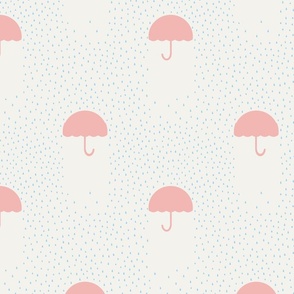 Light pink spring rain umbrellas with light blue rain drops