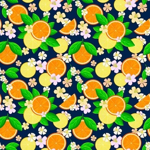 Oranges and Lemons on Navy Background