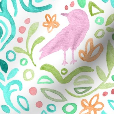 Pink Watercolor Folk Art Bird Sparrow Birding Pattern