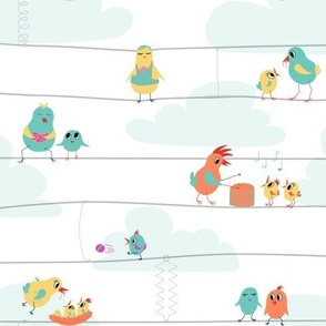 Bright playful birds on a wire, MEDIUM, 2 inch adult birds