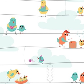 Bright playful birds on a wire, LARGE, 4 inch adult birds