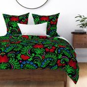 Floral Fairytail - Beauty Forest Flower - Bloom Fantasy Wildflower - Folk Ukrainian Ornament Obereg - Petrykivka - Green Fern Leaves Red Guelder Rose - Colorful Petal Mood on Black - Mega Large 