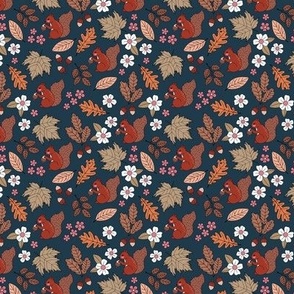 Woodland animals autumn garden red squirrels and leaves acorns and flowers fall kids design vintage seventies orange red brown pink navy blue SMALL 