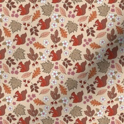 Woodland animals autumn garden red squirrels and leaves acorns and flowers fall kids design vintage seventies orange red brown pink SMALL