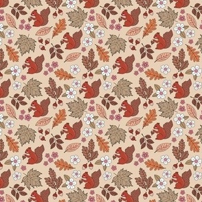Woodland animals autumn garden red squirrels and leaves acorns and flowers fall kids design vintage seventies orange red brown pink SMALL