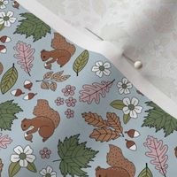 Woodland animals autumn garden red squirrels and leaves acorns and flowers fall kids design green pink blush rust brown on blue SMALL