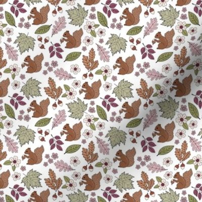 Woodland animals autumn garden red squirrels and leaves acorns and flowers boho fall kids design pink green burgundy on white SMALL