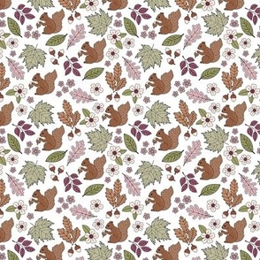 Woodland animals autumn garden red squirrels and leaves acorns and flowers boho fall kids design pink green burgundy on white SMALL