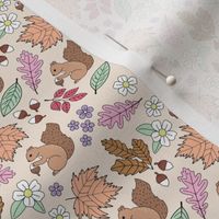Woodland animals autumn garden red squirrels and leaves acorns and flowers boho fall kids design pink lilac mint on tan blush SMALL