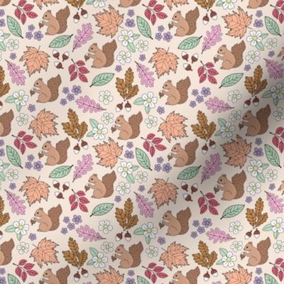 Woodland animals autumn garden red squirrels and leaves acorns and flowers boho fall kids design pink lilac mint on tan blush SMALL