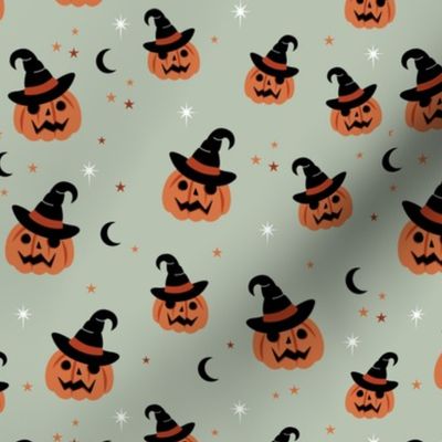 New moon & stars pumpkins and witches hat halloween boho design kids orange sage green 