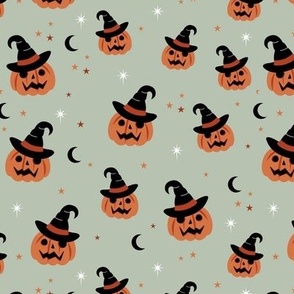 New moon & stars pumpkins and witches hat halloween boho design kids orange sage green 