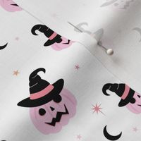 New moon & stars pumpkins and witches hat halloween boho design kids pink orange on white