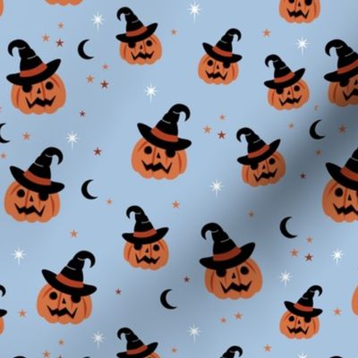 New moon & stars pumpkins and witches hat halloween boho design kids blue orange