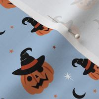 New moon & stars pumpkins and witches hat halloween boho design kids blue orange